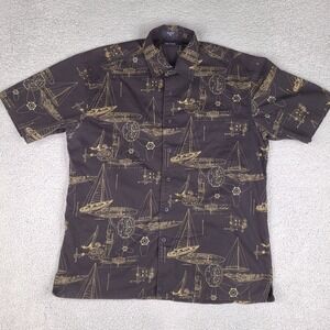 Vintage Nautica Shirt Mens XL Black Blueprint Boat Ship Compass Nautical Print‎